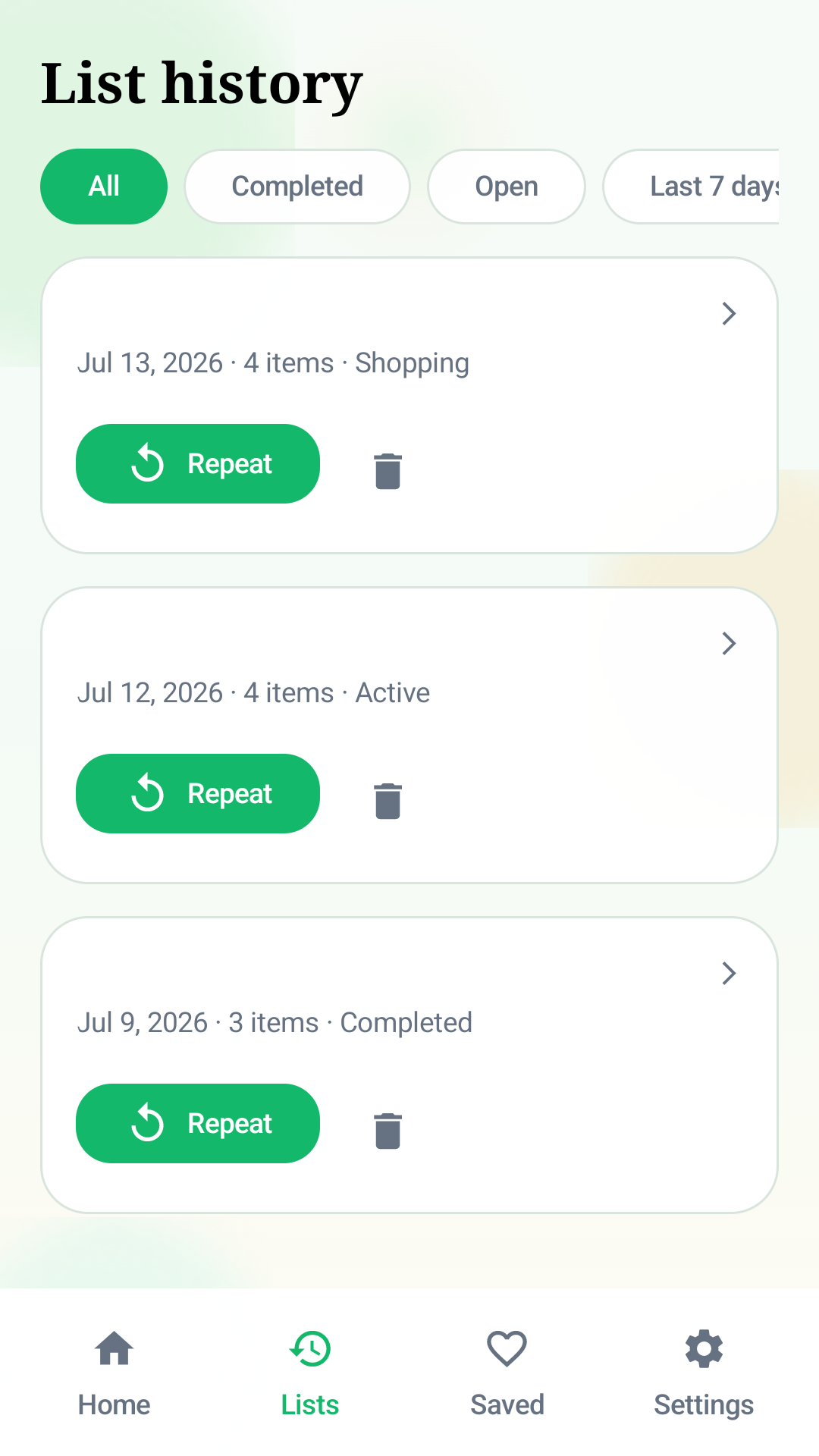 White Plate list history screen