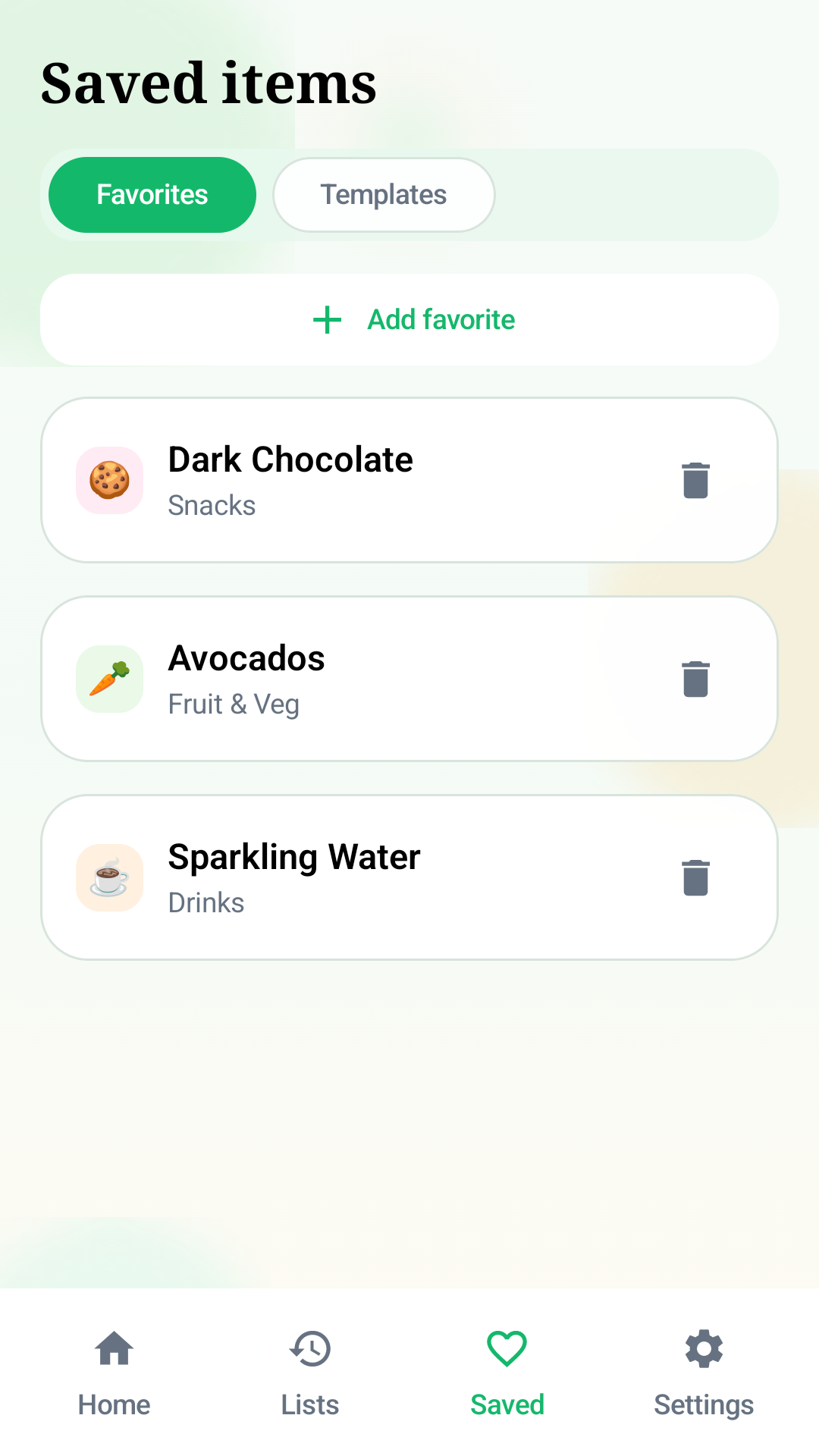 White Plate saved items screen